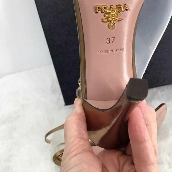 Prada Capretto Jeweled Open Toe Heel Lame Bronze Luxury Designer Size 37EU - Picture 10 of 11